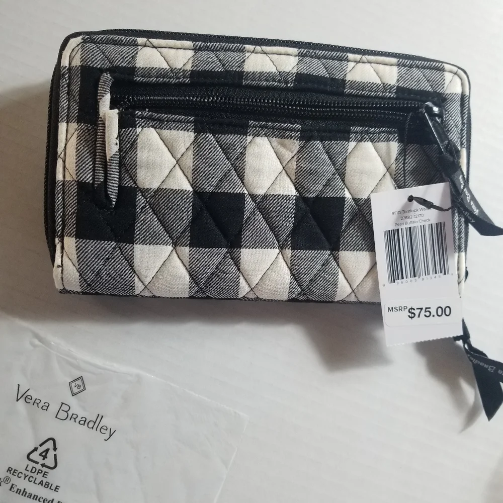 NWT VERA BRADLEY BUFFALO PLAID GINGHAM BLACK AND WHITE TURNLOCK WALLET RFID